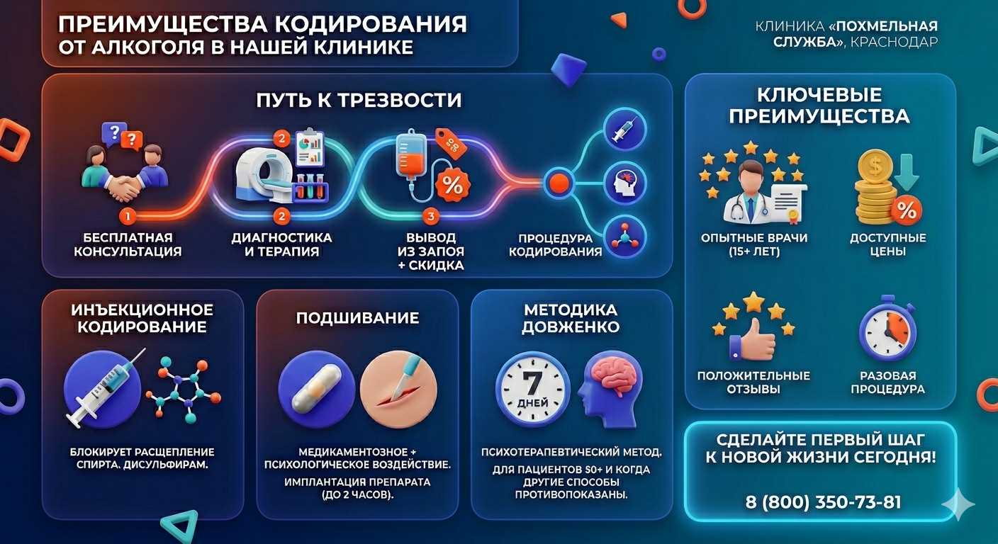 Инфографика о методах кодирования от алкоголя в Хосте: инъекции, подшивание, метод Довженко. Преимущества клиники и этапы лечения.