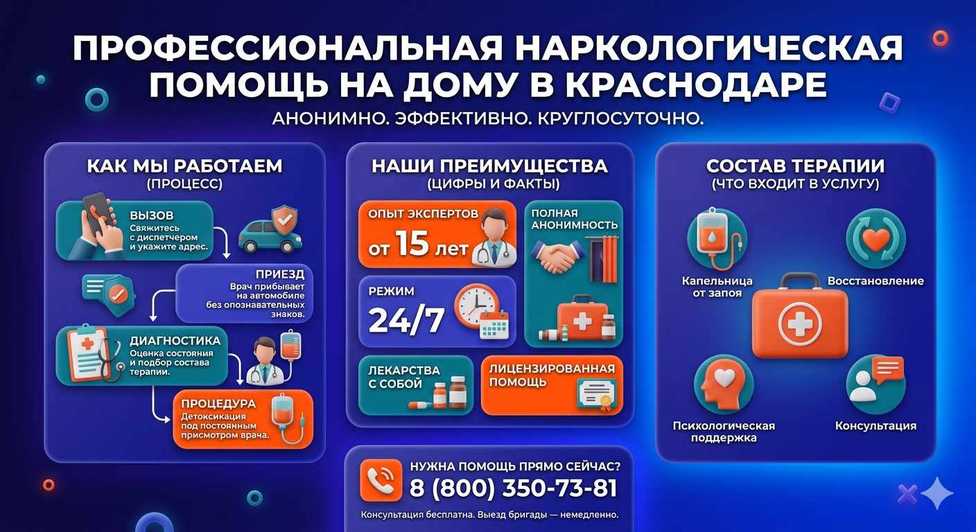 Инфографика о принципах лечения алкоголизма на дому в Хосте: этапы вызова нарколога, преимущества анонимной детоксикации и состав медицинской помощи.